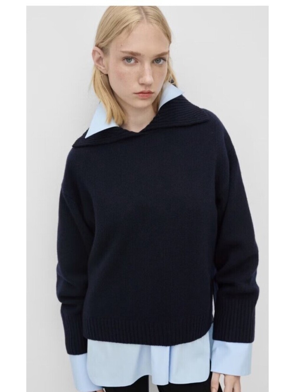 MNG Mango Selection Navy 100% WOOL SWEATER WITH LAPEL COLLAR Small Retail $198